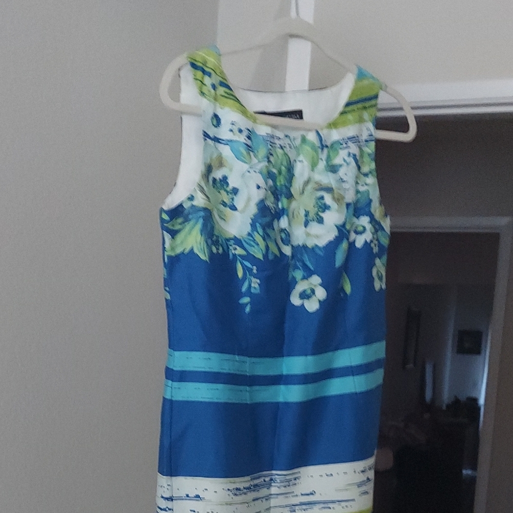 Chetta B Blue Floral Sleeveless Dress with Green Accents